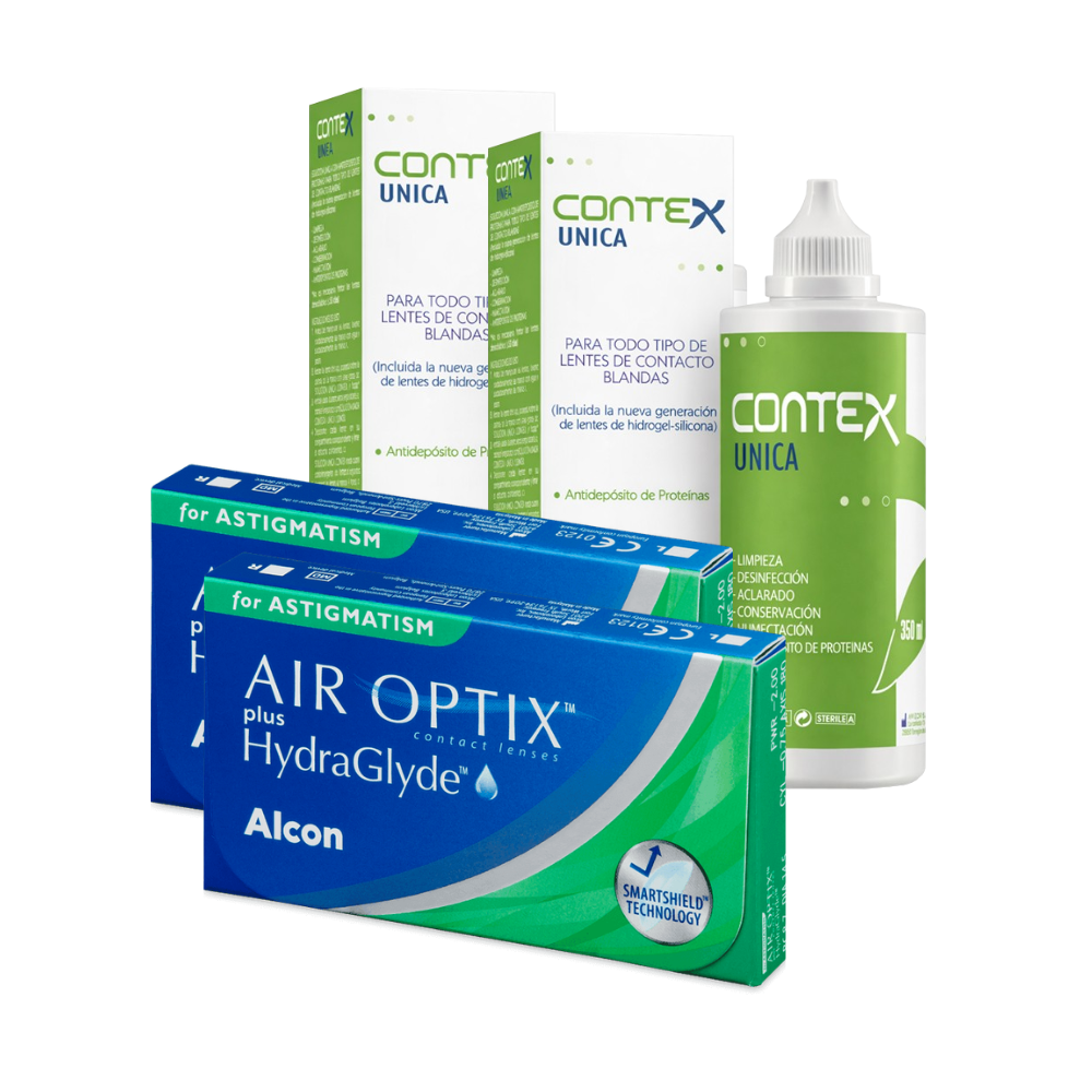 Air Optix Plus Hydraglyde Astigmatism cx 6 x 2 + Contex Única 350ml x 2